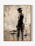 Hand-painted minimalist abstract woman in a black dress with ivory, beige and warm gray tones by Eleanor Hayes.