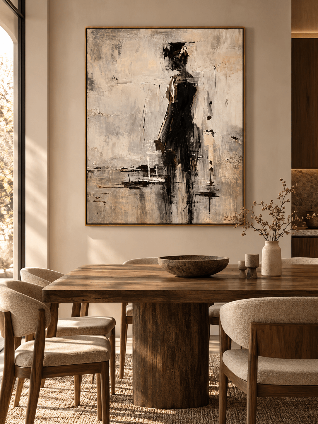 Hand-painted abstract female figure painting displayed in an open dining room with contemporary neutral decor.