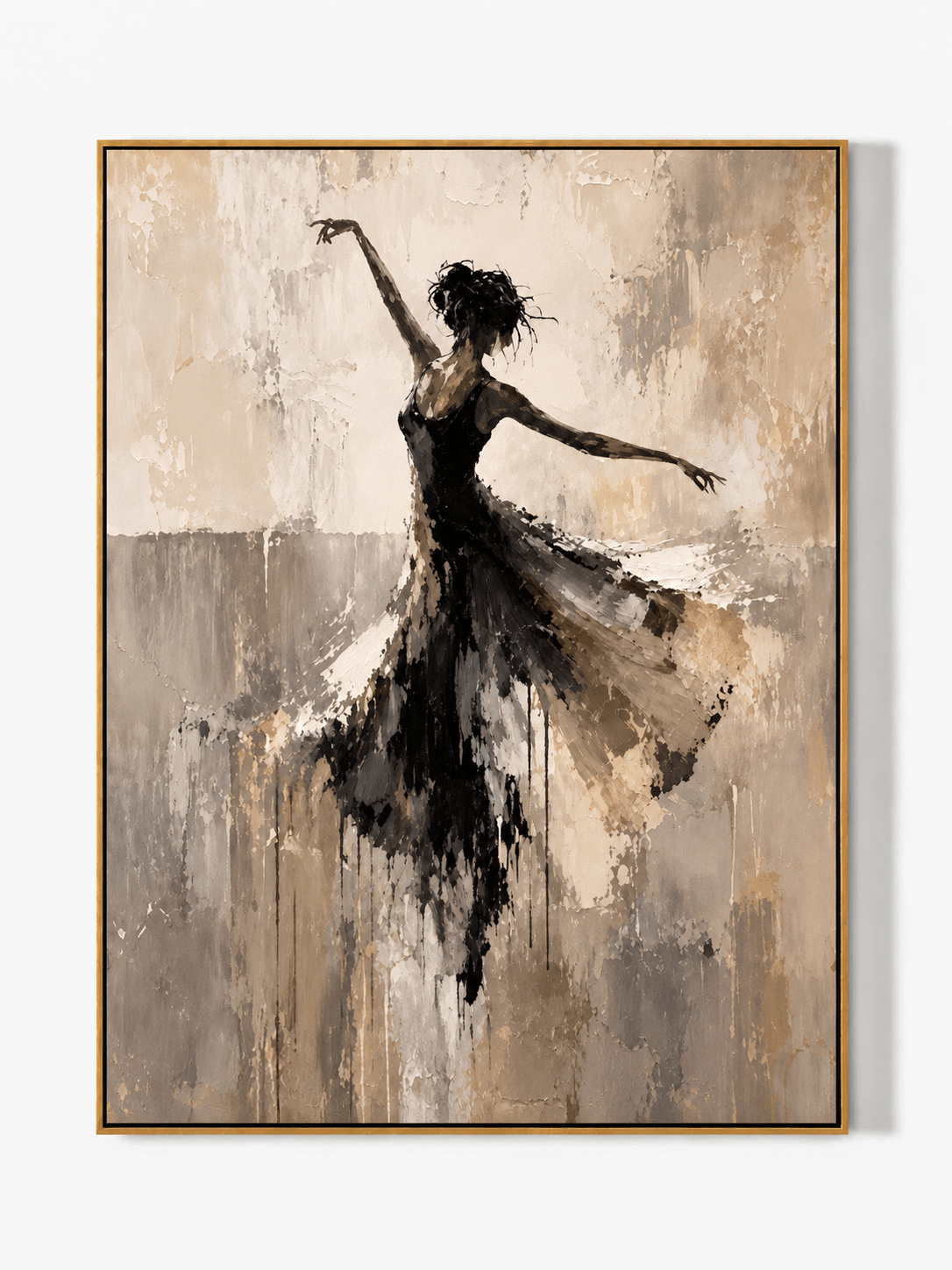 Hand-painted textured abstract ballerina in a flowing black dress with beige, taupe and ivory tones by Eleanor Hayes.