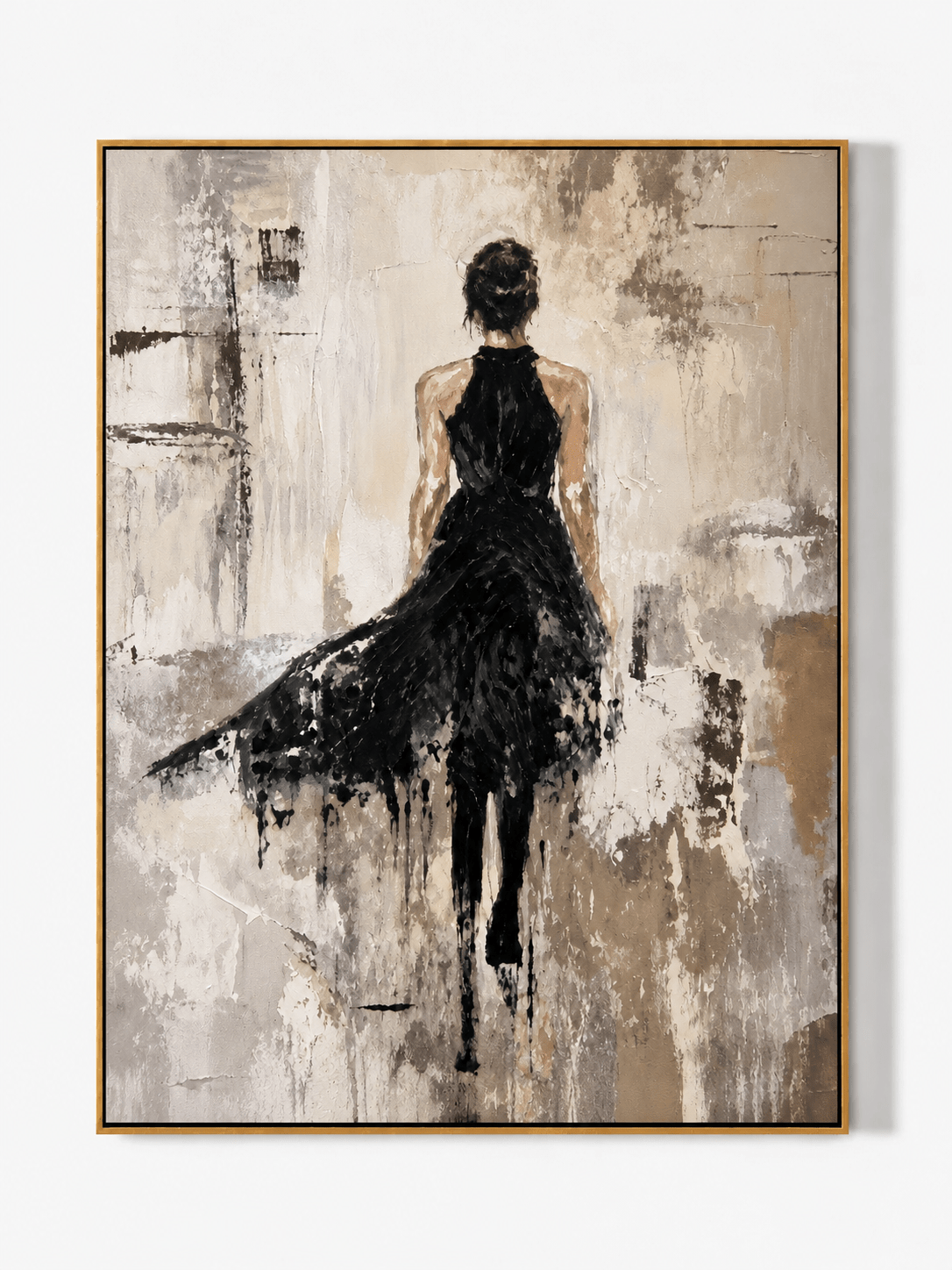 Hand-painted textured abstract woman in a flowing black dress with warm beige and ivory tones by Eleanor Hayes.