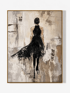 Hand-painted textured abstract woman in a flowing black dress with warm beige and ivory tones by Eleanor Hayes.