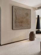 Modern organic textured canvas painting in taupe, brown and stone grey