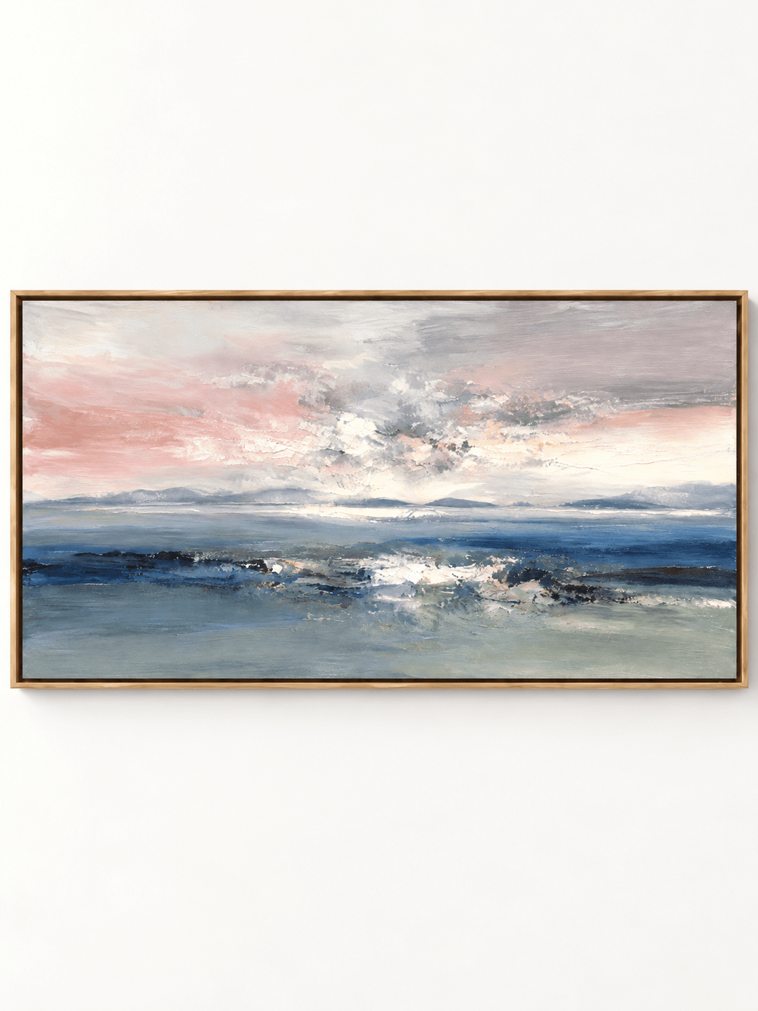 Hand-painted abstract coastal seascape with soft pink sky, blue ocean waves and textured brushwork by Evelyn Li.