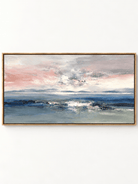 Hand-painted abstract coastal seascape with soft pink sky, blue ocean waves and textured brushwork by Evelyn Li.