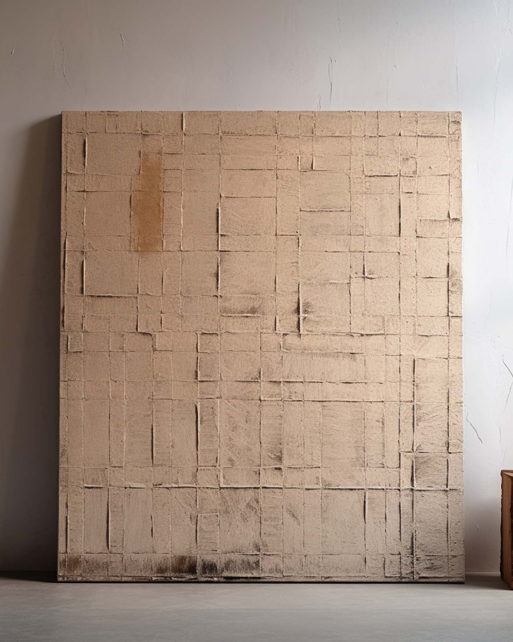 Hand-painted minimalist geometric abstract wall art featuring textured beige and taupe rectangular patterns on canvas, modern neutral artwork for contemporary living room decor.