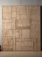 Large hand-painted geometric abstract canvas painting with heavy plaster texture in taupe and brown by Eliot Vermeer for minimalist living room decor.