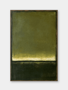 Hand-painted olive green color field wall art with deep forest green and a glowing horizon by Akari Kobayashi