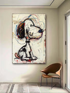 Neo-expressionist dog wall art with red, blue and mustard sketch details