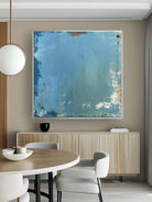 Large blue textured abstract oil painting, hand-painted Wabi-sabi wall art for modern living room by Akari Kobayashi.