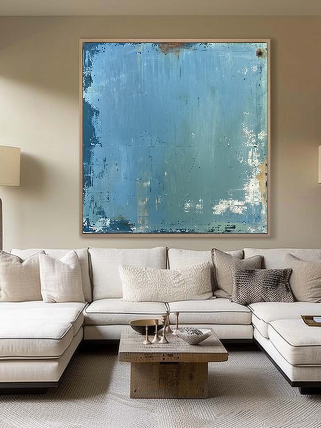 Large blue textured abstract oil painting, hand-painted Wabi-sabi wall art for modern living room by Akari Kobayashi.