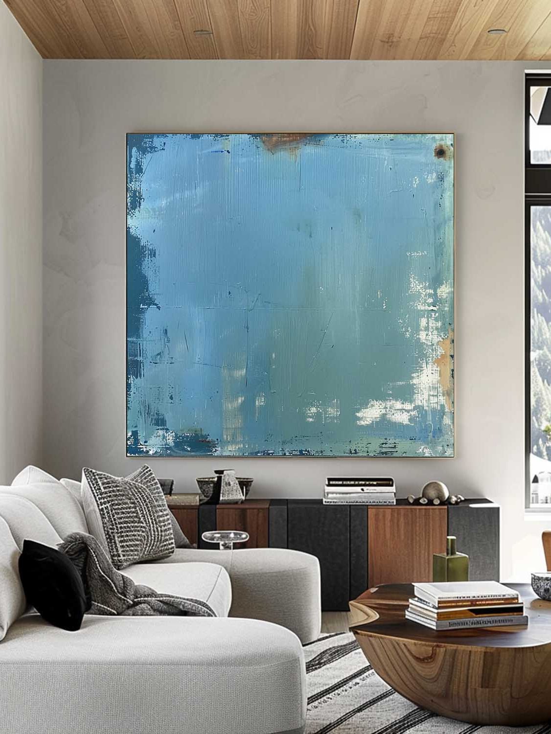 Large blue textured abstract oil painting, hand-painted Wabi-sabi wall art for modern living room by Akari Kobayashi.