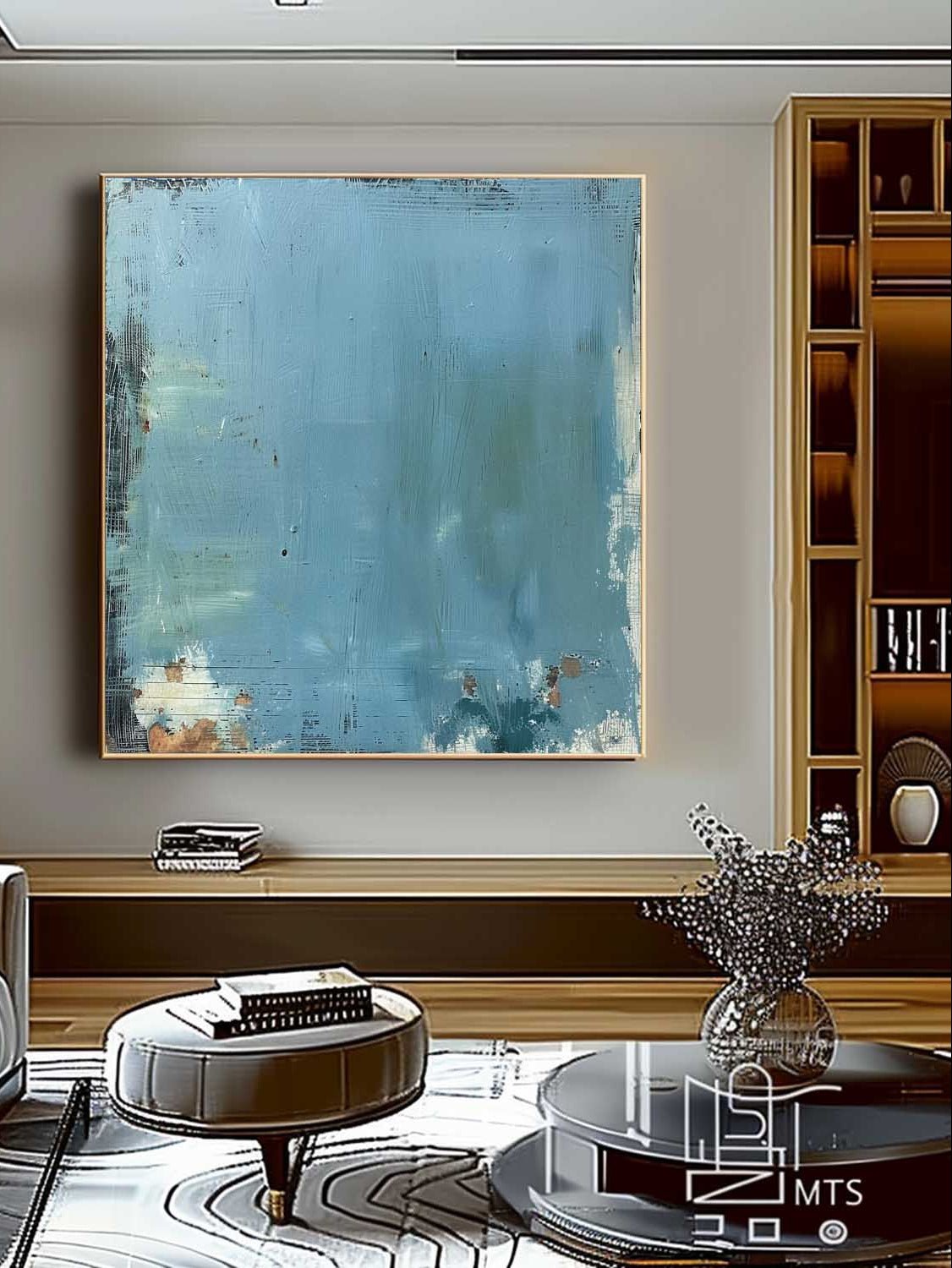 Large blue distressed textured abstract oil painting hand-painted on canvas by Akari Kobayashi, with a floating gold frame on a white background. Perfect for a living room wall.
