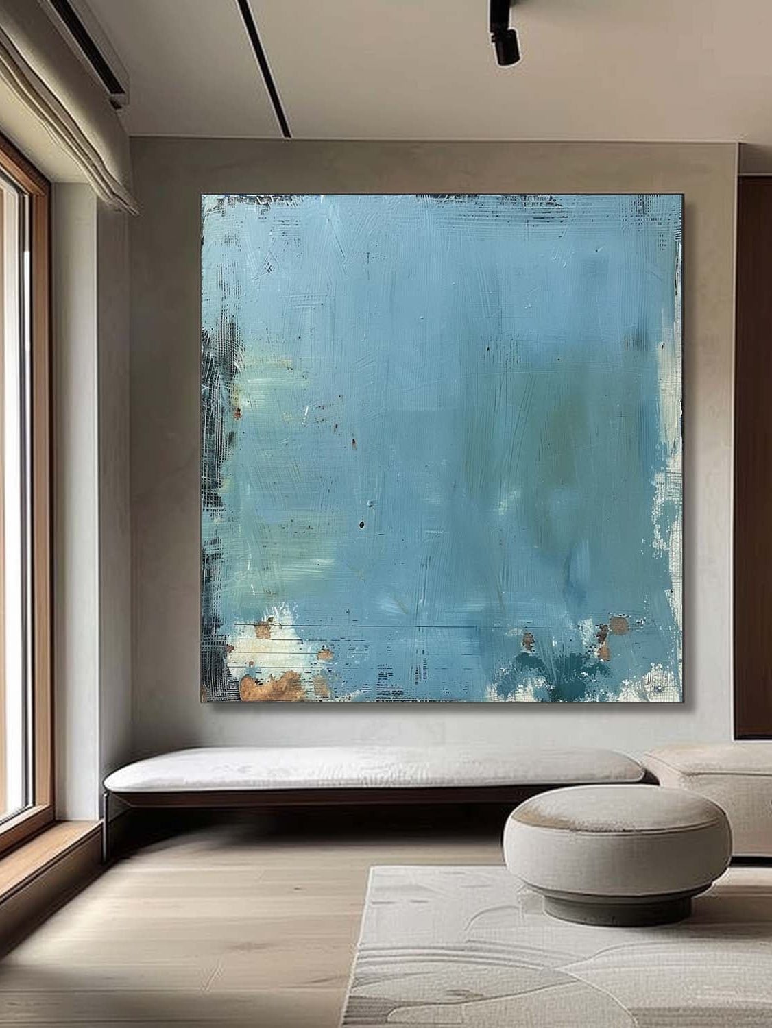 Large blue distressed textured abstract oil painting hand-painted on canvas by Akari Kobayashi, with a floating gold frame on a white background. Perfect for a living room wall.