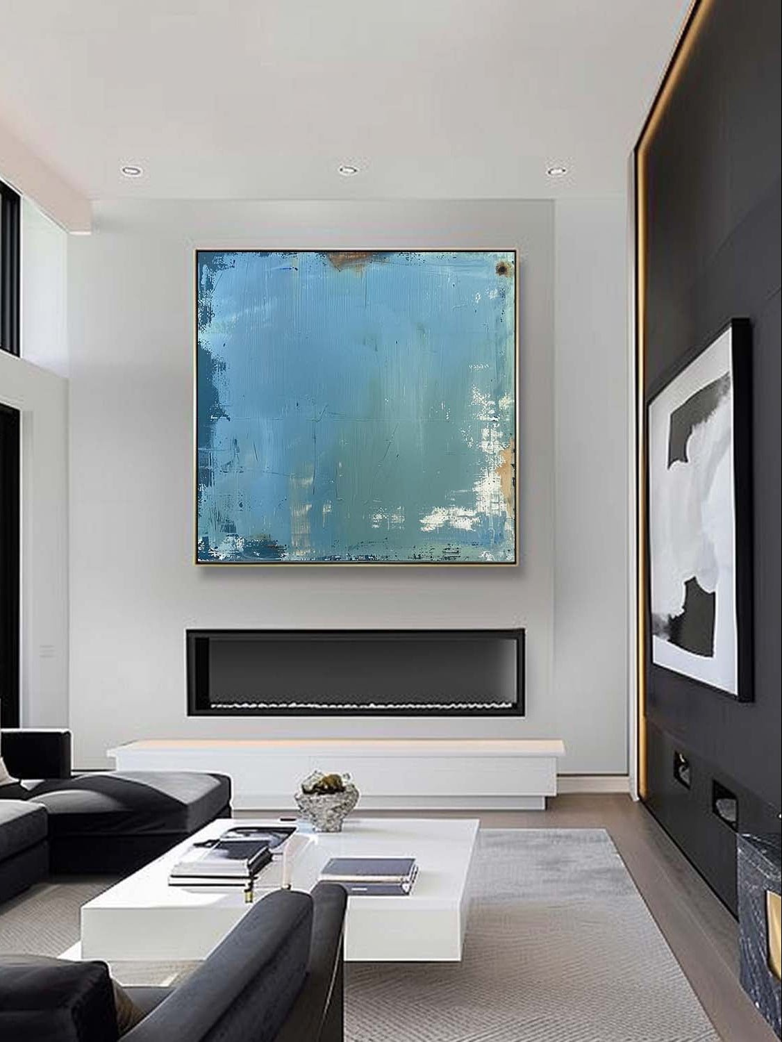 Large blue textured abstract oil painting, hand-painted Wabi-sabi wall art for modern living room by Akari Kobayashi.