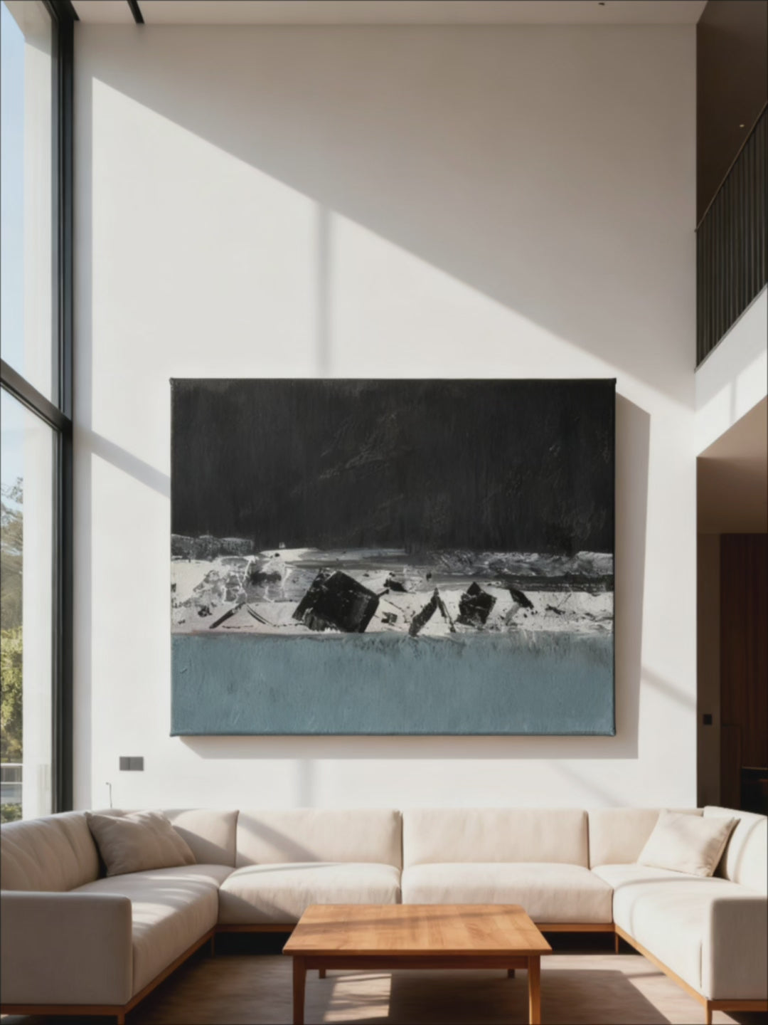 Close-up of textured brushstrokes in abstract winter creek painting, showing artist's technique and color blending