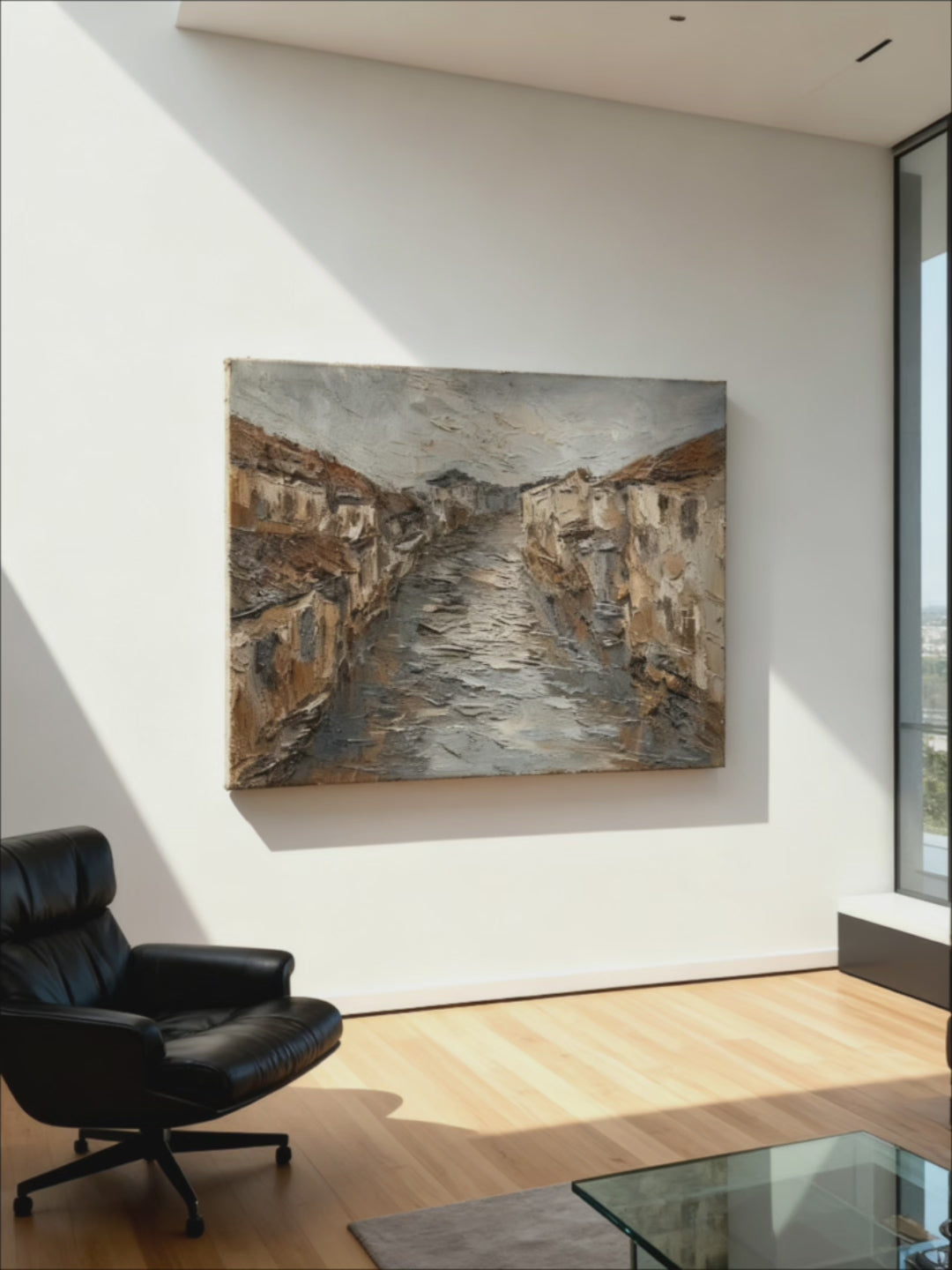 Hand-painted textured oil painting of a European riverside town with 3D impasto effect on canvas