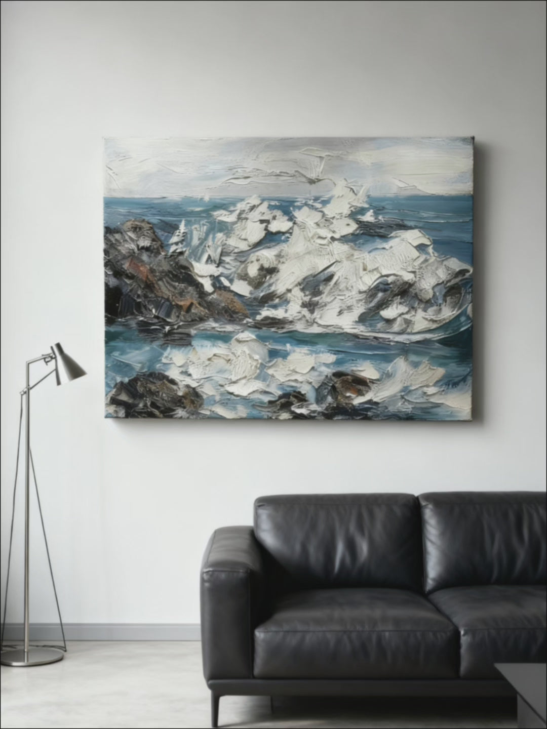 Close-up of textured wave and rock details in hand-painted coastal painting, showing thick impasto brushstrokes