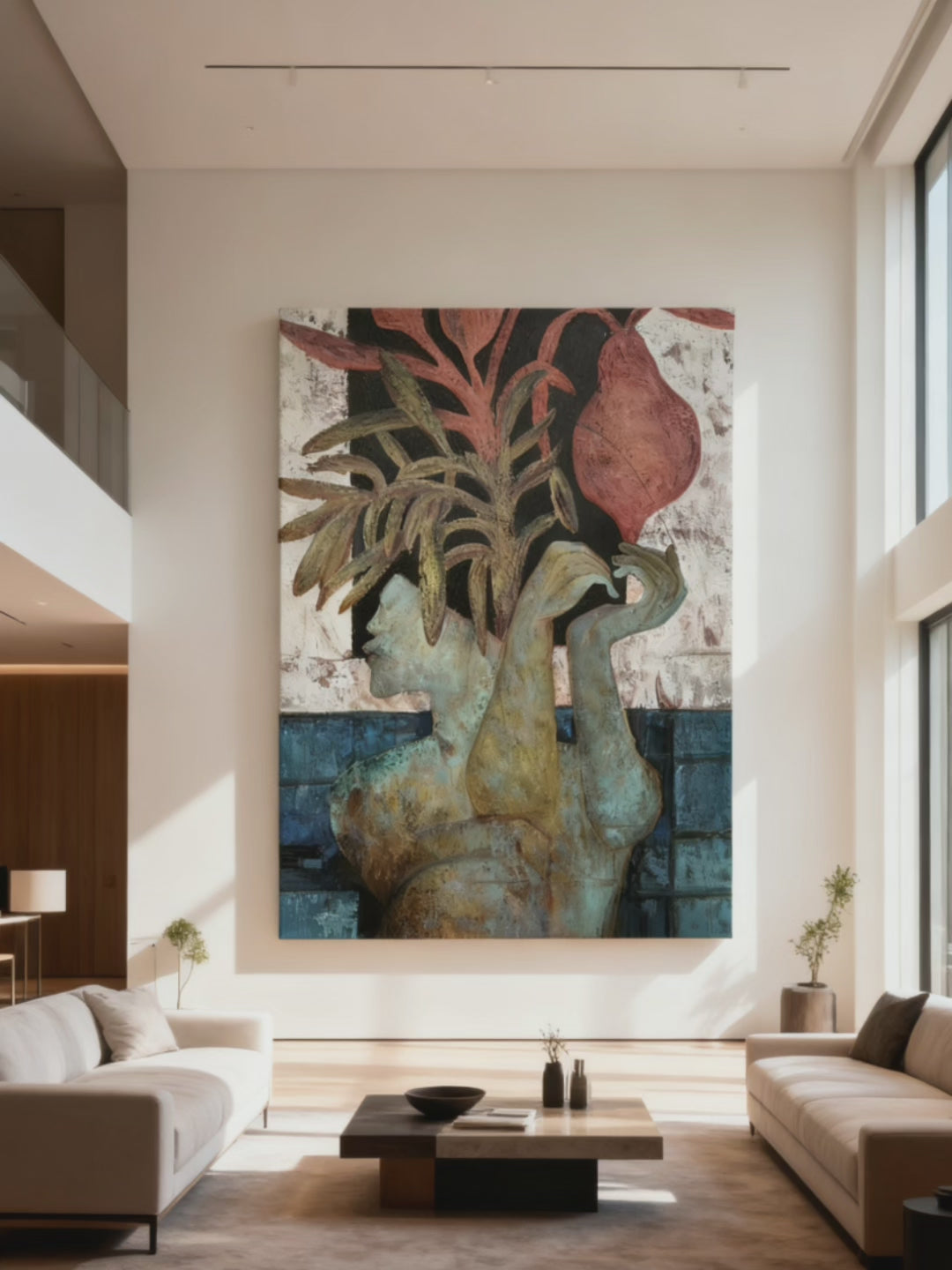 Close-up texture detail of fruitful plants in native woman abstract painting, hand-painted impasto technique