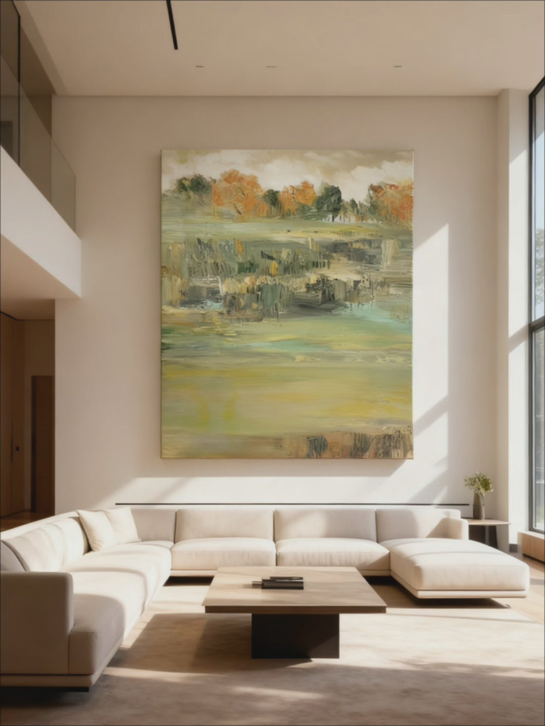 Close-up texture detail showing brushstrokes in abstract lake landscape painting