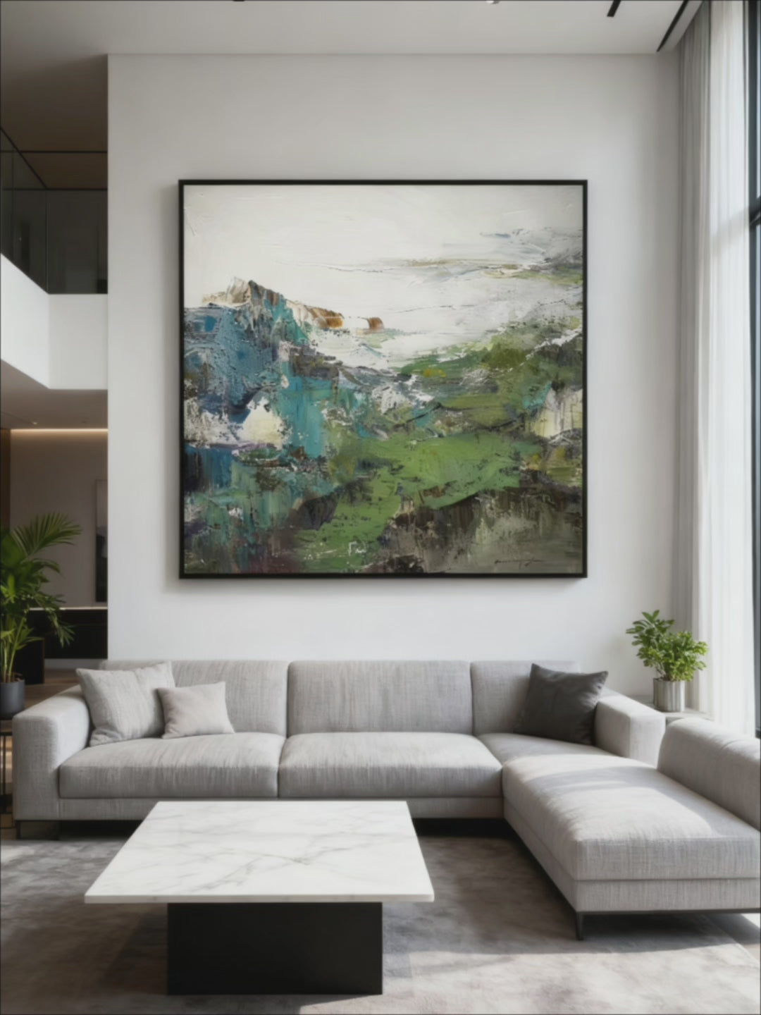 Close-up detail showing thick impasto texture in mountain landscape painting, hand-painted brushstrokes