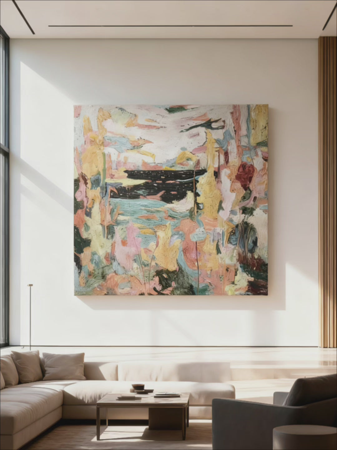 Close-up texture detail showing brushwork in abstract lakeside painting, hand-painted impasto technique